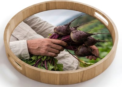 Dienblad rond 40x40 cm - Schootdienblad hout - Bieten - Vers - Moestuin - Borrelplank rechthoek - Plateau houten dienbladen