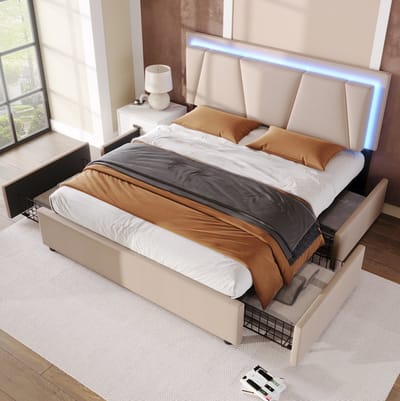 MIVRAY Tweepersoons Bed 160x200 cm - Zonder Matras met Ledverlichting en 4 Laden - Verstelbaar Hoofdbord - Hout en Stof - Beige