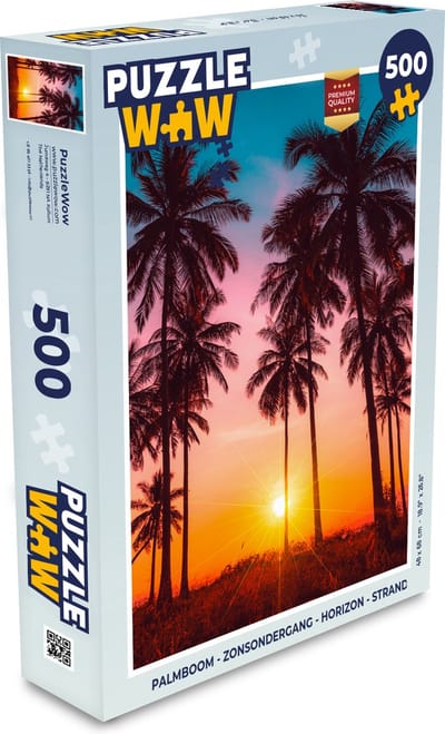 Puzzel Palmboom - Zonsondergang - Horizon - Strand - Oranje - Roze - Legpuzzel - Puzzel 500 stukjes