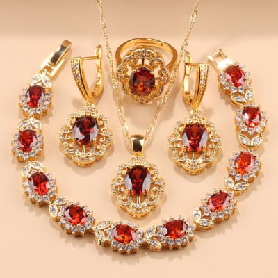 Brésil Qualité Luxe Accessoire de Mariage Mariée Ensembles de Bijoux Fleur Plaqué Or Zircon Boucles d'Oreilles Collier Bracelet Bague resizable beige