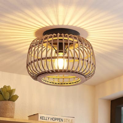 Lindby - plafondlamp hout - 1licht - Rotan, staal - H: 21.5 cm - E27 - matzwart, licht hout