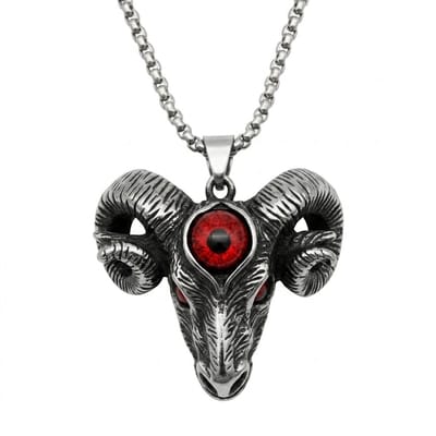 Zilverkleurige ketting met ramshanger en rood oog voor heren – dierenvorm – fantasy stijl – schakelketting