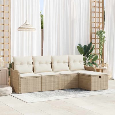 vidaXL - Tuinbank - Set - met - kussen - 5 - pcs - Beige - en - Crème - poly - rattan