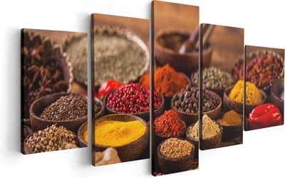 Artaza Canvas Schilderij Vijfluik Diverse Kleurrijke Kruiden Op Tafel - 100x50 - Foto Op Canvas - Canvas Print