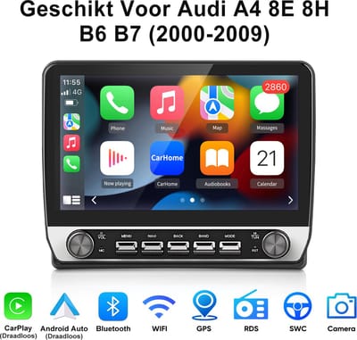Junsun Android 15 Autoradio Geschikt Voor Audi A4 8E 8H B6 B7 (2000-2009) Accessoires, 2GB+64GB, Draadloze CarPlay & Android Auto, DAB+, GPS-Navigatiesystem, Bluetooth, WiFi, USB, RDS, 10.1-inch Touchscreen, DSP, Quad-core processor