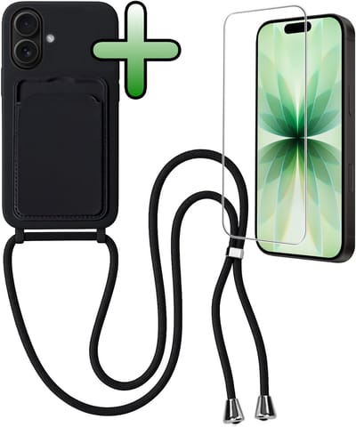 Hoes Geschikt voor iPhone 17 Hoesje Pas Houder Case Hoes Met Koord Met Screenprotector - Hoesje Geschikt voor iPhone 17 Hoes Met Telefoonkoord Pasjeshouder Cover - Zwart