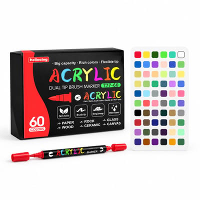 Acrylmarkers - 60 kleuren, zwarte uitvoering - zachte en harde punt - voor stenen beschilderen en tekenen - geschenkdoos