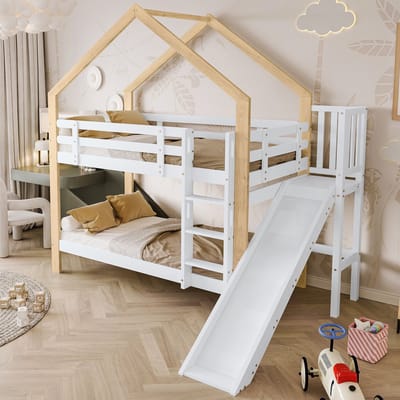 Stapelbed met glijbaan en traps hoekladder - met valbeveiliging - kinderbed - massief hout - wit - 90x200cm - zonder matras