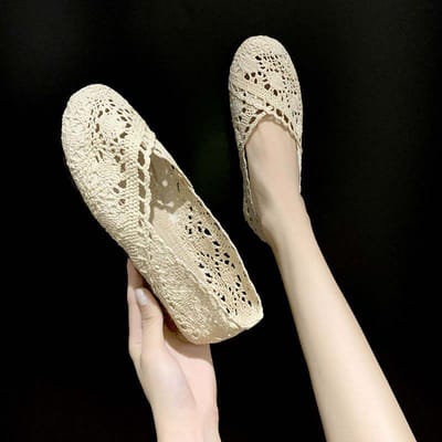 Mesh Schoenen Ademende Mesh Sandalen Dames Stoffen Schoenen Zachte Zool Platte Zool Schoenen Vintage Uitgesneden Design Eenvoudige Casual Stijl Lente Zomer 40 beige