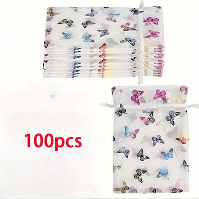 100pcs organza Cordon de serrage Papillon Pochette en maille, Sac Estampage à chaud coloré, Sac de rangement pour bijoux, cadeaux, bonbons, Petit sac d'emballage cadeau pour mariage 100pcs