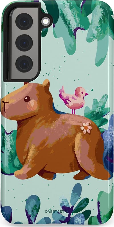 Casetastic Hoesje Geschikt voor Samsung S22 - Stijlvolle Beschermende Duo-layer Case - Capibara Vogeltjes Vriend
