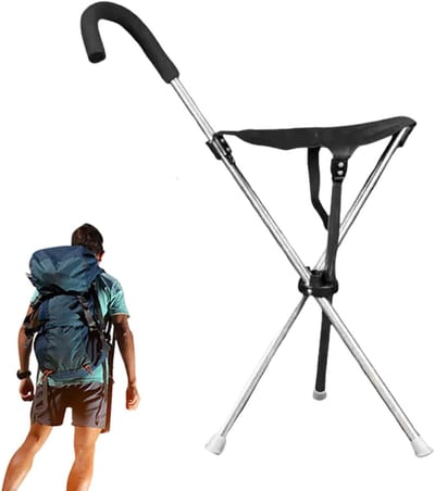 Wandelstok met zitje - Opvouwbare wandelstoel - Comfortabel wandelen - Ergonomische drukverlichting - 66 cm lang - Zwart
