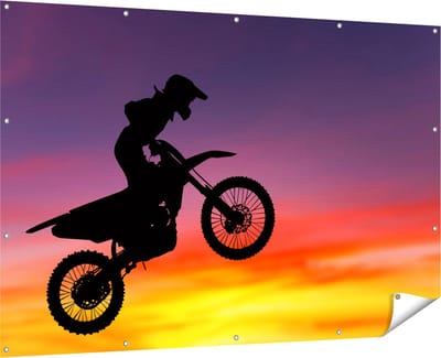 Gards Tuinposter Silhouet van een Motorcross in de Lucht - 180x120 cm - Tuindoek - Tuindecoratie - Wanddecoratie buiten - Tuinschilderij