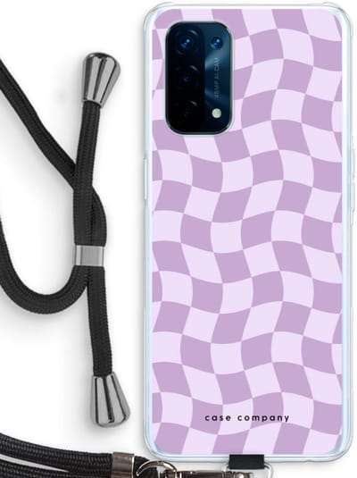 Case Company® - Hoesje met koord geschikt voor Oppo A74 5G hoesje met Koord - Grid Paars - Telefoonhoesje met Zwart Koord - Bescherming aan alle Kanten en Over de Schermrand