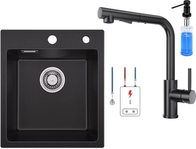SOFETIY MAX Granieten Spoelbak voor keuken 40x45CM - Enkele Spoelbakken Met Lagedruk Keukenkraan en Zeepdispenser 300ML - Onderbouw Spoelbak Zwart - Met waterafvoersysteem - Voor 45 cm Kast