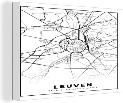 Canvas Schilderij België – Leuven – Stadskaart – Kaart – Zwart Wit – Plattegrond - 30x20 cm - Wanddecoratie