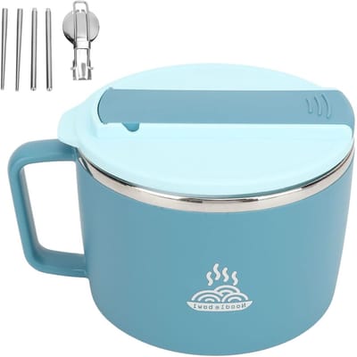 Microwave Noodle Bowl Set met Deksel, Spork en Chopsticks - 1200ml Soepkom met Handvat voor Kantoor, College en Studentenhuis (Blauw)