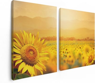 Artaza Canvas Schilderij Tweeluik Zonnebloemen Veld Met Zonopkomst - 120x80 cm - Wanddecoratie Woonkamer - Schilderijen - Muurdecoratie