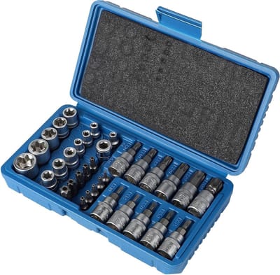 34-delige Torx set voor binnen en buiten, E4-E20 en T10-T60, met 5/16 inch bits voor precisiewerk