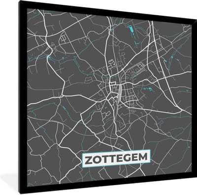 Fotolijst incl. Poster - België – Zottegem – Stadskaart – Kaart – Blauw – Plattegrond - 40x40 cm - Posterlijst