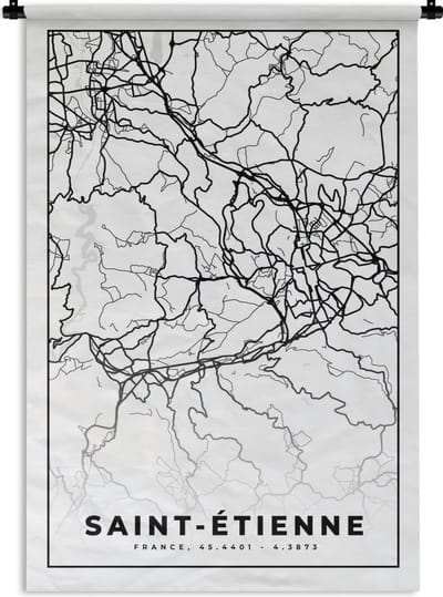 Wandkleed - Wanddoek - Stadskaart - Saint-Étienne - Plattegrond - Kaart - Frankrijk - Zwart wit - 120x180 cm - Wandtapijt