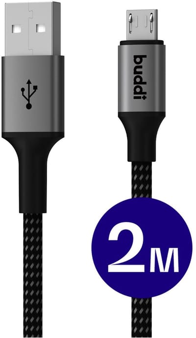 Buddi Flex | USB-A naar Micro-USB Kabel 12W Fast Charge 5V/2.4A | 480Mbps Dataoverdracht | Gevlochten Nylon | 2M | 2 Meter | Zwart