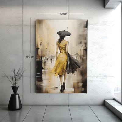 Canvas Schilderij - Vrouw in Gele Jurk - Abstracte Kunst - Wanddecoratie - 60x40x2 cm