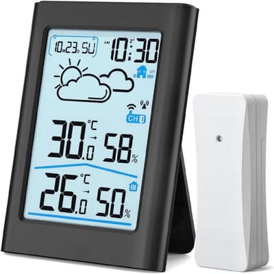 GELLDG Weerstation met Buitensensor - Digitale DCF-Funkklok - Binnen- en Buitentemperatuur & Luchtvochtigheidstrends - Weersverwachting 12-24u - Geschikt voor Thuis en Kantoor - Kunststof - 119x21.5x80mm