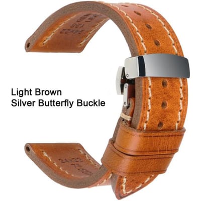 Bracelet de montre en cuir de veau véritable 20 mm, 21 mm, 22 mm, 24 mm, avec boucle papillon automatique solide, bracelet de montre d'affaires 22mm marron clair