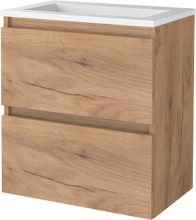 Basic Start 39 badmeubelset met greeploze wastafelonderkast met 2 lades en acryl wastafel zonder kraangaten 60 x 39 cm, whisky oak
