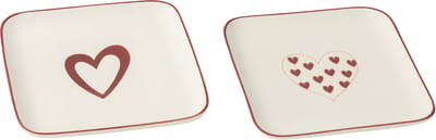 J-Line bord Harten - porselein - wit/rood - 2 stuks