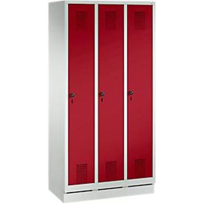 Garderobekast Evolo S 3000, 3 vakken, staal, sokkelhoogte 100 mm, veiligheidsslot, lichtgrijs/rood/rood
