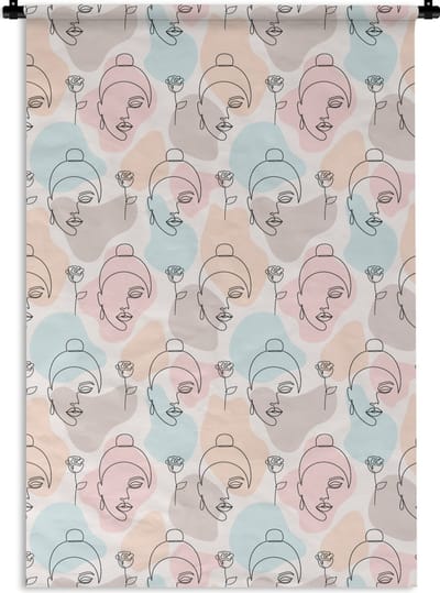 Wandkleed - Wanddoek - Vrouw - Bloemen - Line Art - Pastel - Patroon - 120x180 cm - Wandtapijt