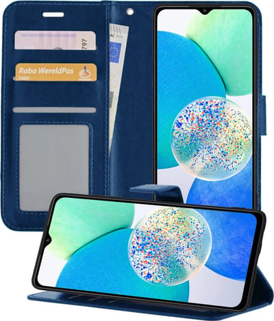 Hoesje - Met Pasjeshouder - Geschikt voor Samsung Galaxy A14 - Luxe Bookcase Portemonee - Flip Case - Kunstleer Book Case - Flipcase - Book Cover - Walletcase - Portemonneehoes - Telefoonhoesjes - Donkerblauw