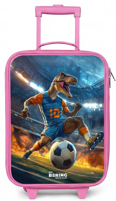 NoBoringSuitcases.com® - Kinderkoffer roze - Kindertrolley meisje - T-Rex als voetballer in vol stadion - Koffer kind lichtgewicht - Reiskoffer trolley voor kinderen - Koffertje met lichtgevende wieltjes - Rolkoffer