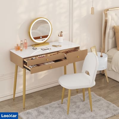 LooMar Kaptafel met spiegel - Schminktafel - Make up tafel - Make up tafel met Spiegel - Kaki - Wit - Goud
