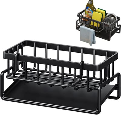 Gootsteen Organizer - Sponsrek Keuken - Keuken Opbergen - Met Afvoerontwerp - 23x10x9 cm - Zwart