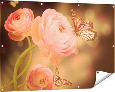 Gards Tuinposter Twee Roze Vlinders bij Roze Rozen - 120x80 cm - Tuindoek - Tuindecoratie - Wanddecoratie buiten - Tuinschilderij
