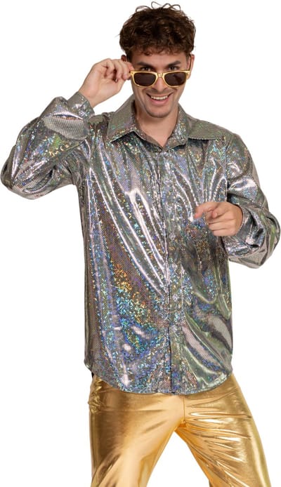 Partychimp Shiny Disco Shirt Zilver voor Heren Carnavalskleding Foute Party Verkleedkleding Volwassenen Heren Toppers 2026- Disco- Shiny- Polyester - S