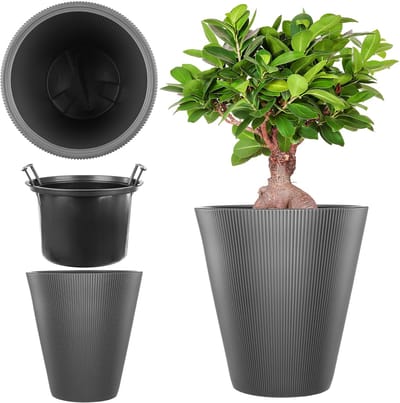 KADAX plantenbak Ø 29,5 x H 32,5 cm, moderne bloembak met binnenpot & geribbeld design, grote plantenpot van kunststof (antraciet)