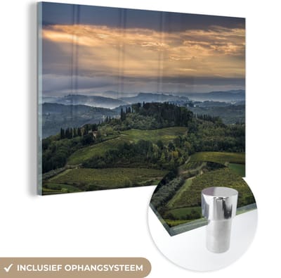 ® Glasschilderij 180x120 cm - Schilderij acrylglas - Zonnestralen verlichten de Italiaanse heuveltop bij de stad San Gimignano in Toscane - Foto op glas - Muurdecoratie woonkamer - Wanddecoratie slaapkamer - Schilderijen