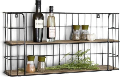 LIFA LIVING Wandrek Malaga - Rechthoekig Kruidenrek - Zwart - Metaal & Hout - 66,5 x 14,3 x 33,6 cm