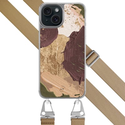 Hoesje met koord - Geschikt voor iPhone 15 - Abstract art - Verstelbaar zwart koord - Bruin, Beige - Print / Illustratie - Leuke Telefoonhoesjes