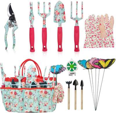 OmGoods - Dailygoody - Tuingereedschapset - 16-delige set - Ergonomisch en duurzaam - Rode bloemen - Tuinieren - Voor dames en heren - Bloementuingereedschap