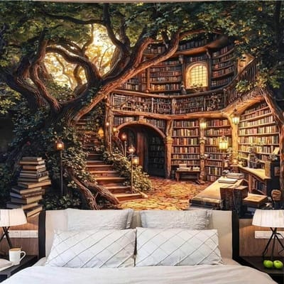 Bos Bibliotheek Wandtapijt Boombibliotheek Wandtapijt Fantasie Vintage Boomboomhut Wandtapijten Wanddecoratie Voor Slaapkamer Studentenkamer 70x100CM brown