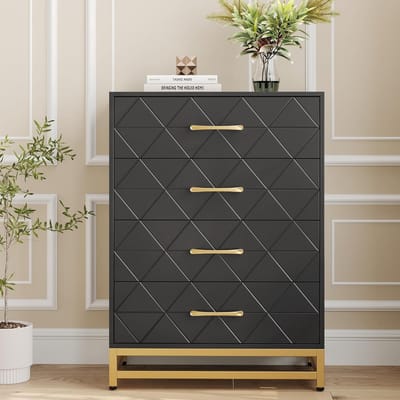 Moderne Commode met 4 Laden - Luxe Ladekast met Gouden Handgrepen - Metalen Poten - Houten Opbergkast voor Slaapkamer, Woonkamer & Hal - 92 cm Hoog - Zwart