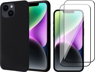 Hoesje geschikt voor iPhone 14 - 2x Screen Protector FullGuard - Back Cover Case SoftTouch Zwart & Screenprotector