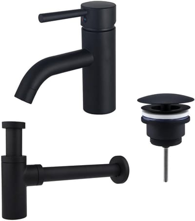 FugaFlow Eccelente Sobrado Badkamer Wastafelkraanset - lage wastafelkraan - always open plug - design sifon - Mat zwart