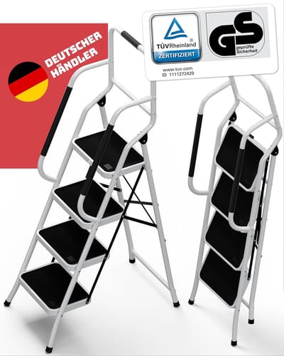 Opvouwbare veiligheidsladder met leuning – 4 treden, belastbaar tot 150 kg, TÜV gecertificeerd, anti-slip, ideaal voor senioren