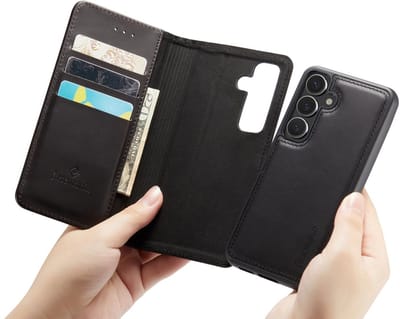 CaseMania Bookcase hoesje geschikt voor Samsung Galaxy S24 - Effen Zwart - Leer - 2-in-1 Magnetisch Uitneembaar Design